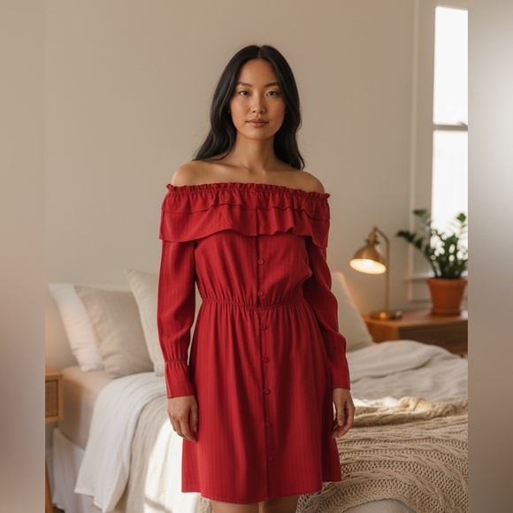 NEW•L-1X•OLIVIA OFF THE SHOULDER RED COTTAGE CORE STYLE DRESS•NWT - Picture 2 of 15